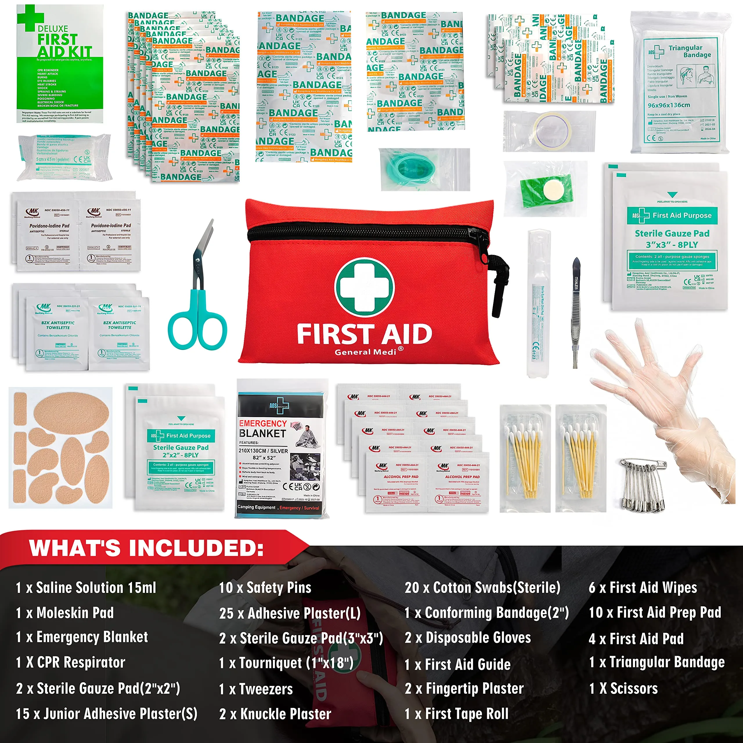 110 Pieces Small First Aid Kit - Includes Emergency Foil Blanket, Scissors for Travel, Home, Office, Vehicle, Camping, Workplace & Outdoor (Red) 110 Pieces