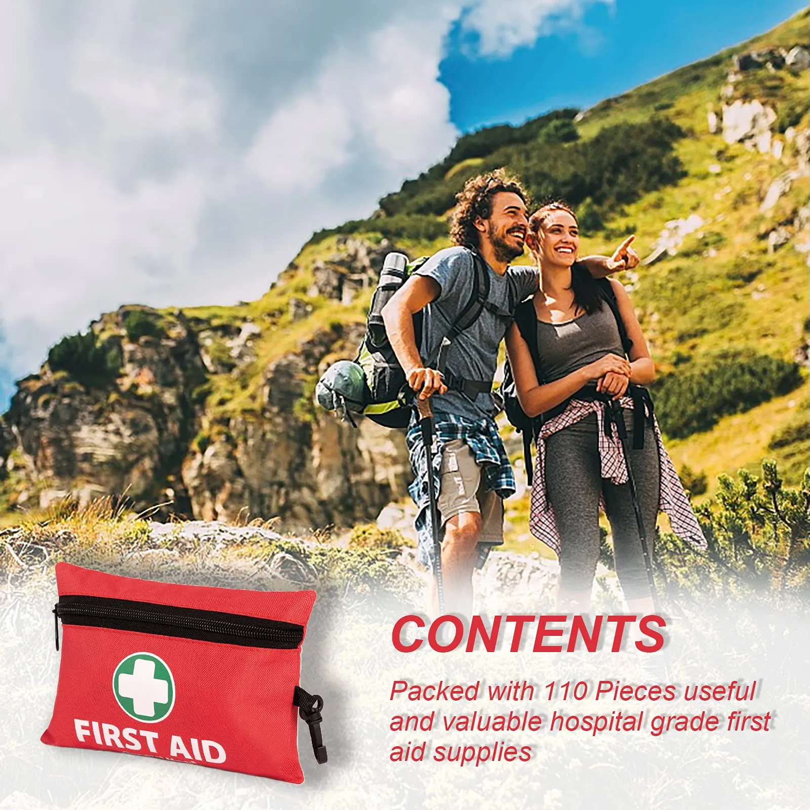 110 Pieces Small First Aid Kit - Includes Emergency Foil Blanket, Scissors for Travel, Home, Office, Vehicle, Camping, Workplace & Outdoor (Red) 110 Pieces