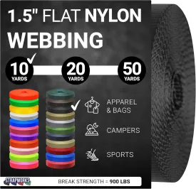 1.5 Inch Heavy Duty Nylon Webbing Strap Roll for Belt, Backpack, Sling, Collar, Leash, Strapping and More, 10, 20, or 50 Yards, Over 20 Colors