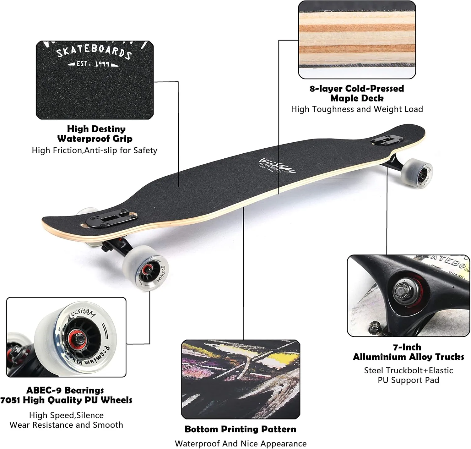 42 inches Complete Longborads Drop Through Deck Concave Cruise Professional Longboards