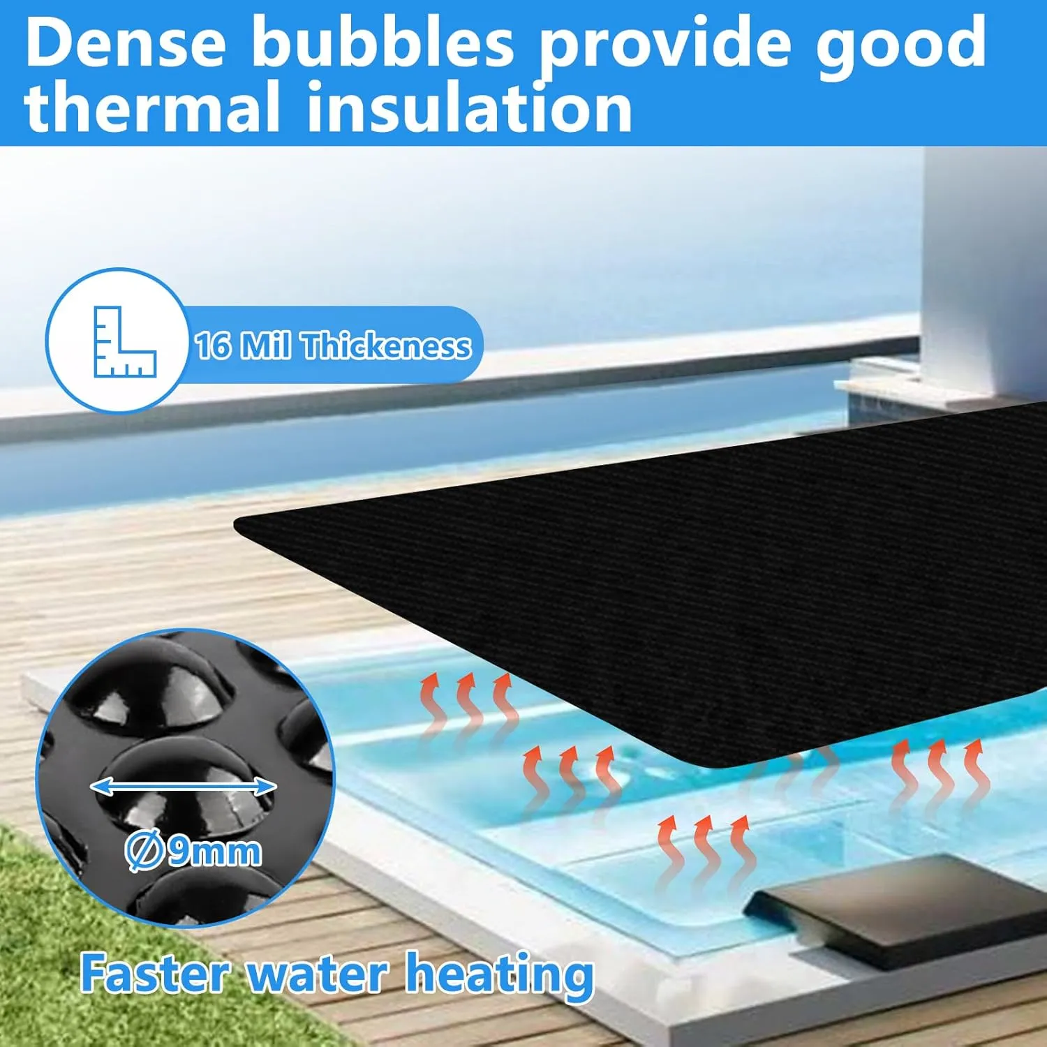 8 x 8 FT Spa and Hot Tub Cover, 16Mil Square Hot Tub Thermal Blanket, Insulation Solar Blanket Bubble Cover for Energy Efficiency & Safety