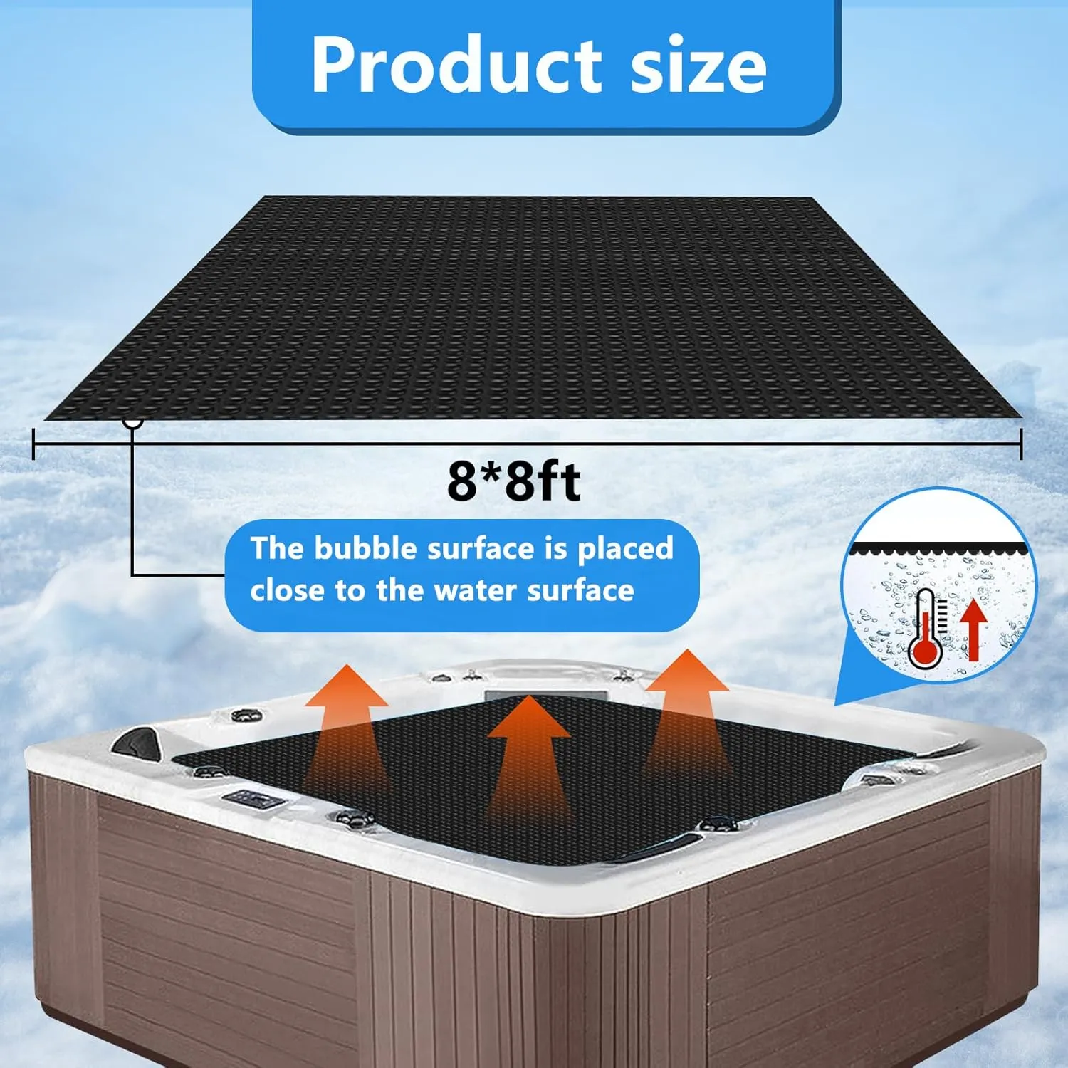 8 x 8 FT Spa and Hot Tub Cover, 16Mil Square Hot Tub Thermal Blanket, Insulation Solar Blanket Bubble Cover for Energy Efficiency & Safety