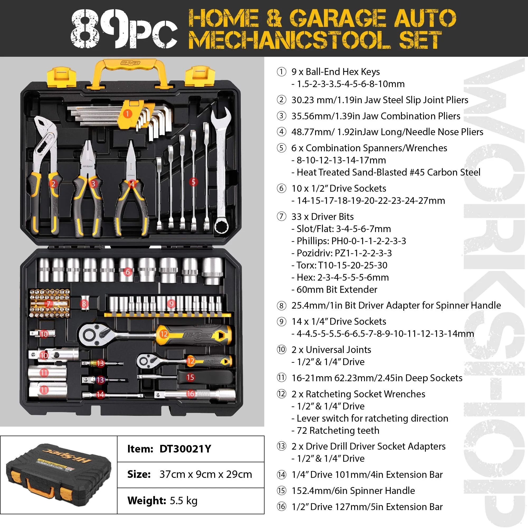 89pc Auto, Garage and Home Mechanics DIY Tool Kit Set. Comprehensive Hand Tools for Car and Motorcycle Repairs