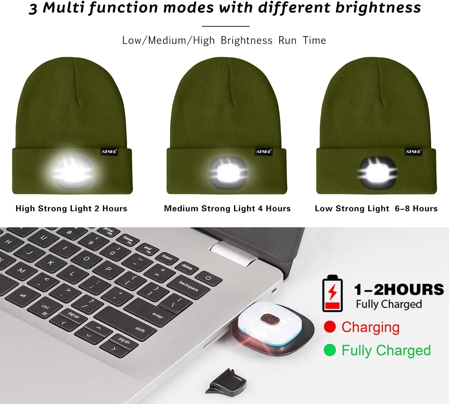ATNKE LED Lighted Beanie Hat,USB Rechargeable 4 LED Running Headlamp Lined Fleece Cap with Light Gift for Men and Women