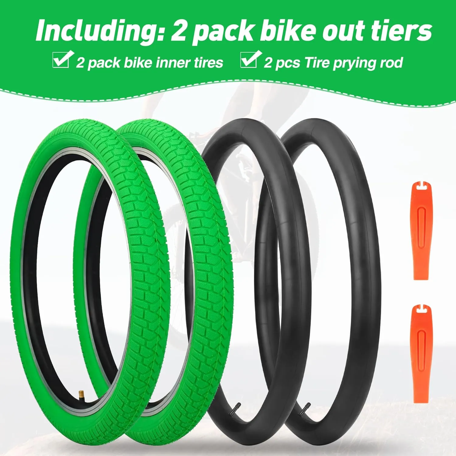 Bike Tire 20 Inch Tires 2 Pack 20 x 2.125 Folding Bead Replacement Tyre with 20 Inch Inner Tubes for 20" Bicycles, MTB, Mountain Bike, BMX