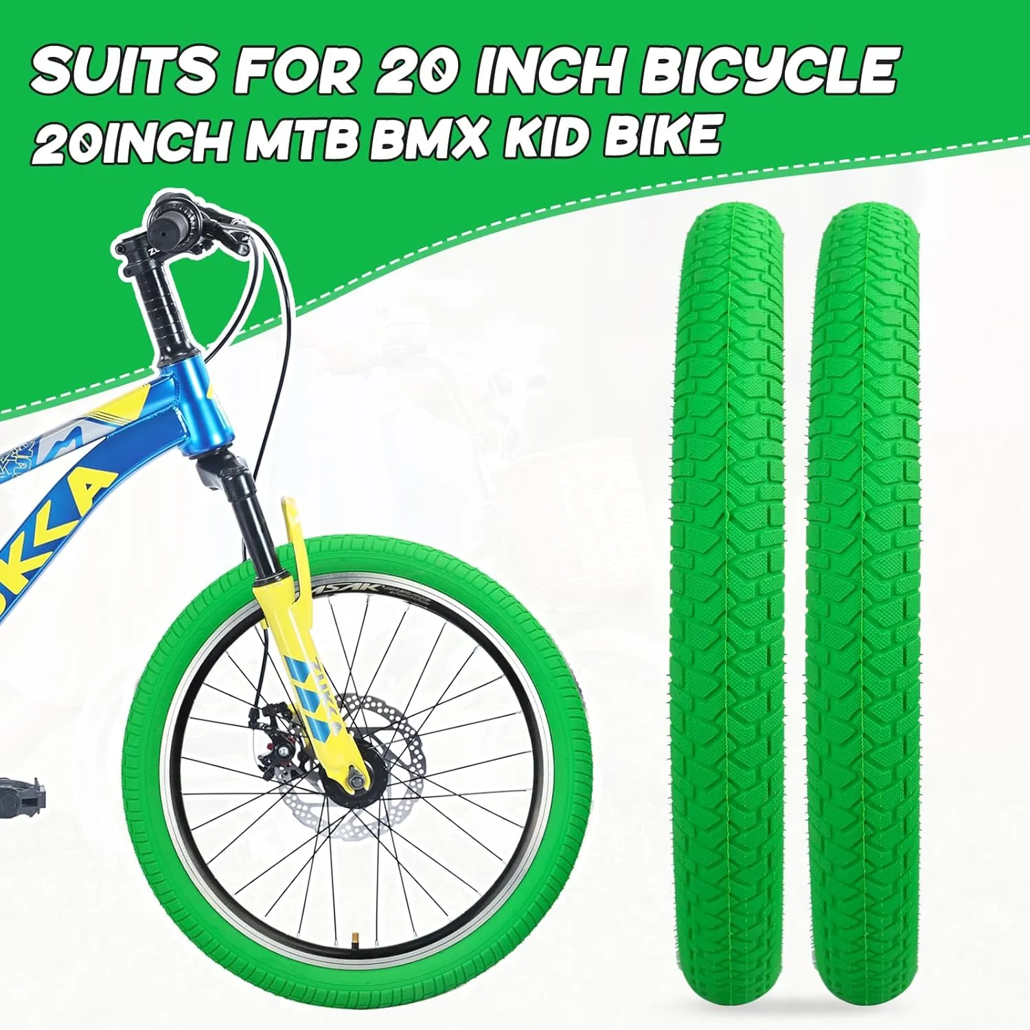 Bike Tire 20 Inch Tires 2 Pack 20 x 2.125 Folding Bead Replacement Tyre with 20 Inch Inner Tubes for 20" Bicycles, MTB, Mountain Bike, BMX