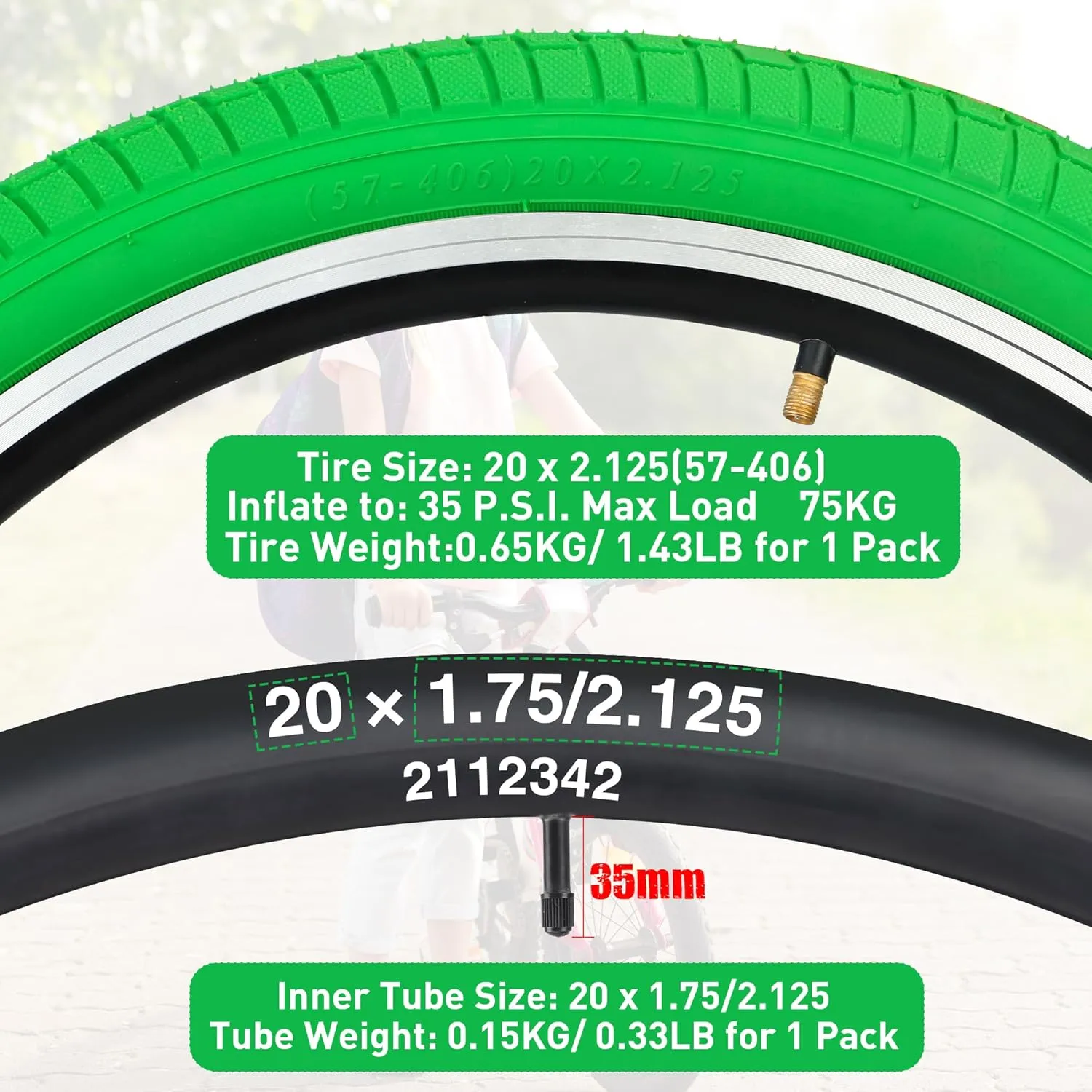 Bike Tire 20 Inch Tires 2 Pack 20 x 2.125 Folding Bead Replacement Tyre with 20 Inch Inner Tubes for 20" Bicycles, MTB, Mountain Bike, BMX