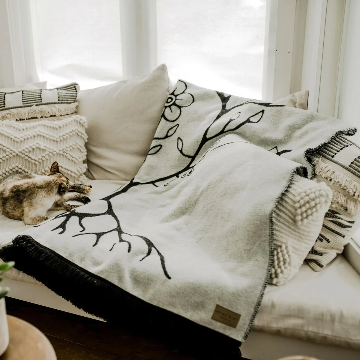 Black and White Woodland Floral Panel Blanket