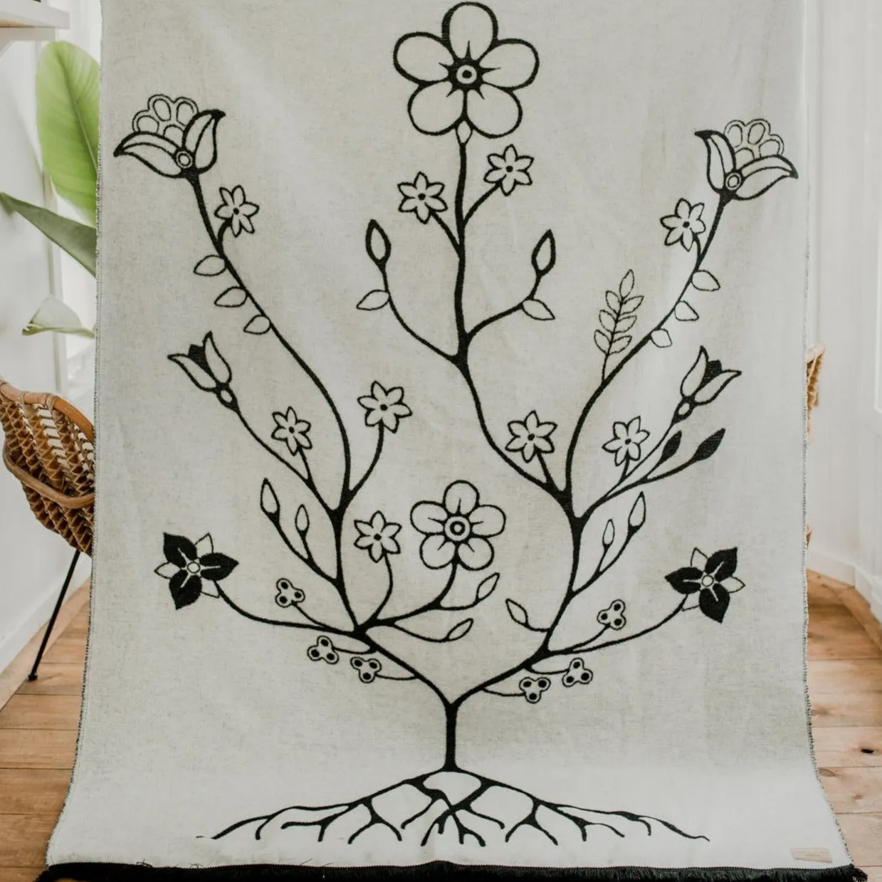 Black and White Woodland Floral Panel Blanket