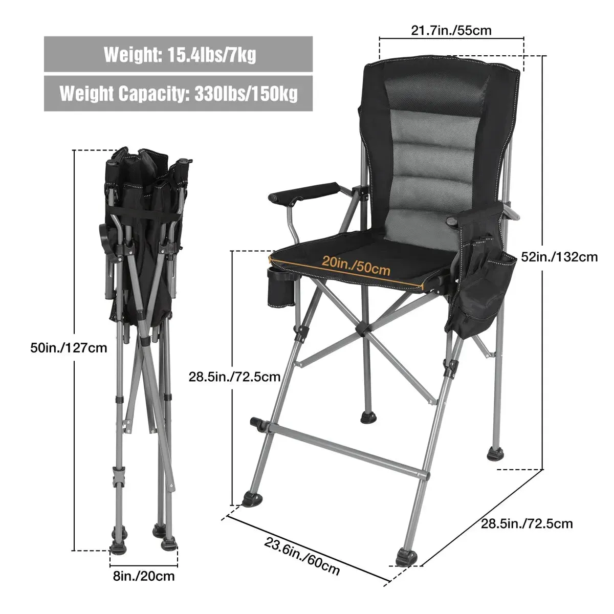Extra Tall Bar Height Foldable Director Chairs for Adults with High Back and Hard Arms, Support 330lbs