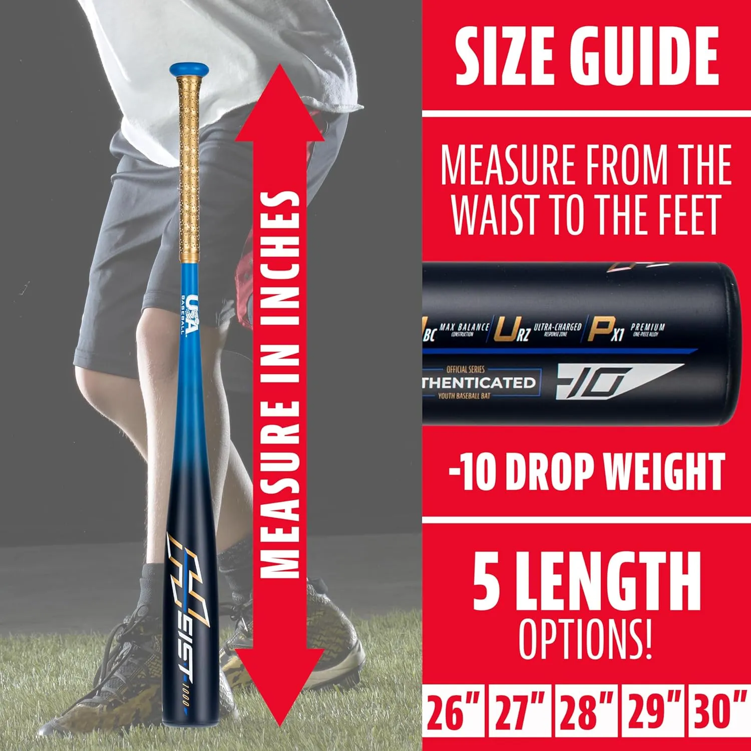 Franklin Sports Youth Baseball Bat - Heist Kids Baseball Bats for Ages 8-12 - 2 5/8" Inch Big Barrel Kids Metal Bat - Youth Drop -9   -10 Aluminum Bats - USA Baseball - 26" to 30" Bats