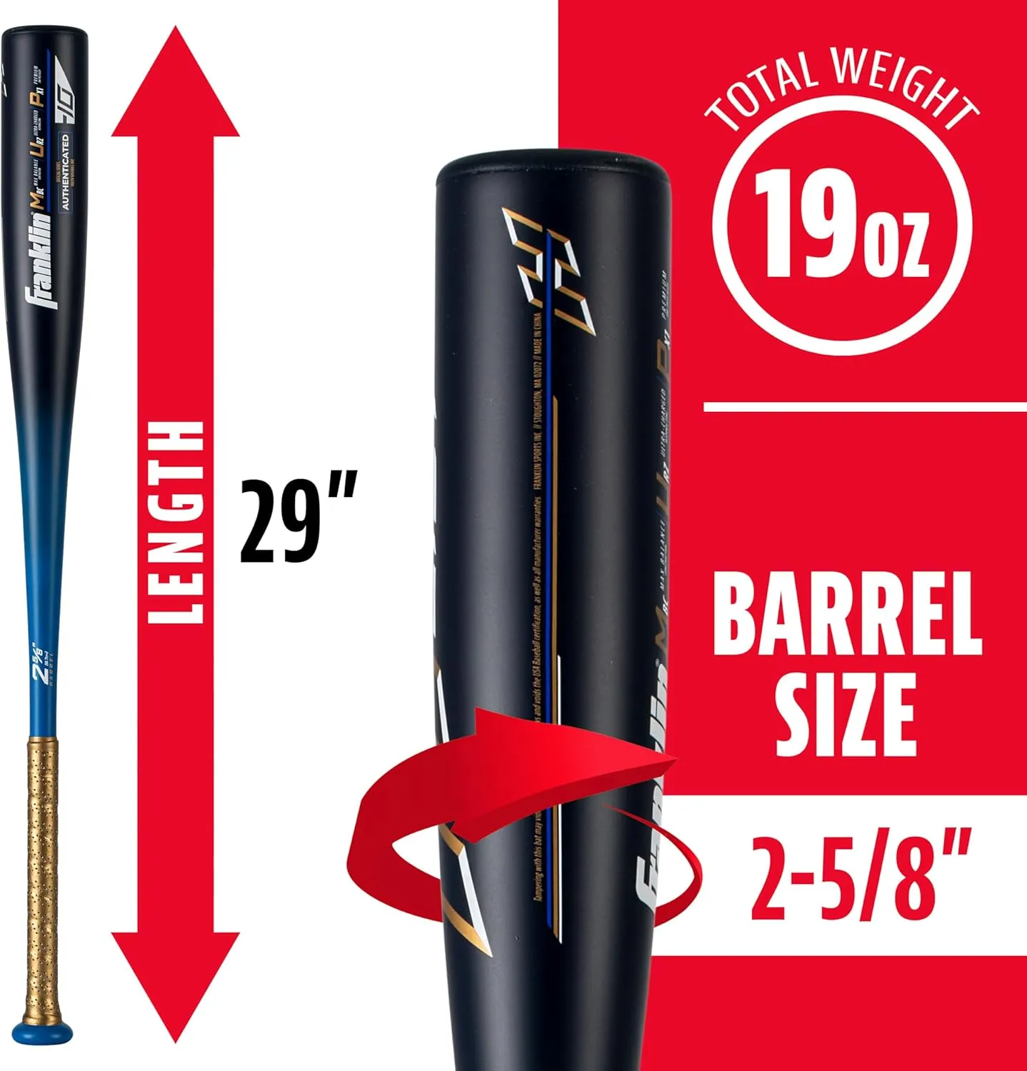 Franklin Sports Youth Baseball Bat - Heist Kids Baseball Bats for Ages 8-12 - 2 5/8" Inch Big Barrel Kids Metal Bat - Youth Drop -9   -10 Aluminum Bats - USA Baseball - 26" to 30" Bats
