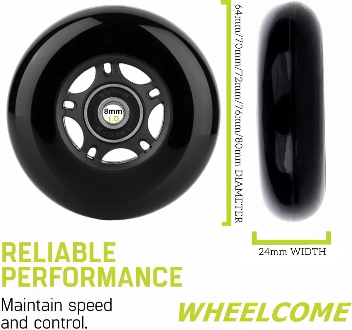 Inline Skate Wheels Outdoor & Indoor Blade Roller Skate Wheel 85a Roller Hockey Wheels w/Bearings ABEC-9 for Scooter Luggage Repair, 64mm 70mm 72mm 76mm 80mm Dia, 8-Pack