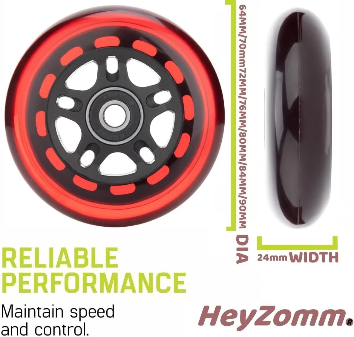 Inline Skate Wheels Outdoor & Indoor Inline Skate Replacement Wheels 85a Roller Hockey Wheels w/Bearings ABEC-9 & Floating Spacers, 64mm 70mm 72mm 76mm 80mm 84mm 90mm Dia, 4-Pack (76mm, Red)