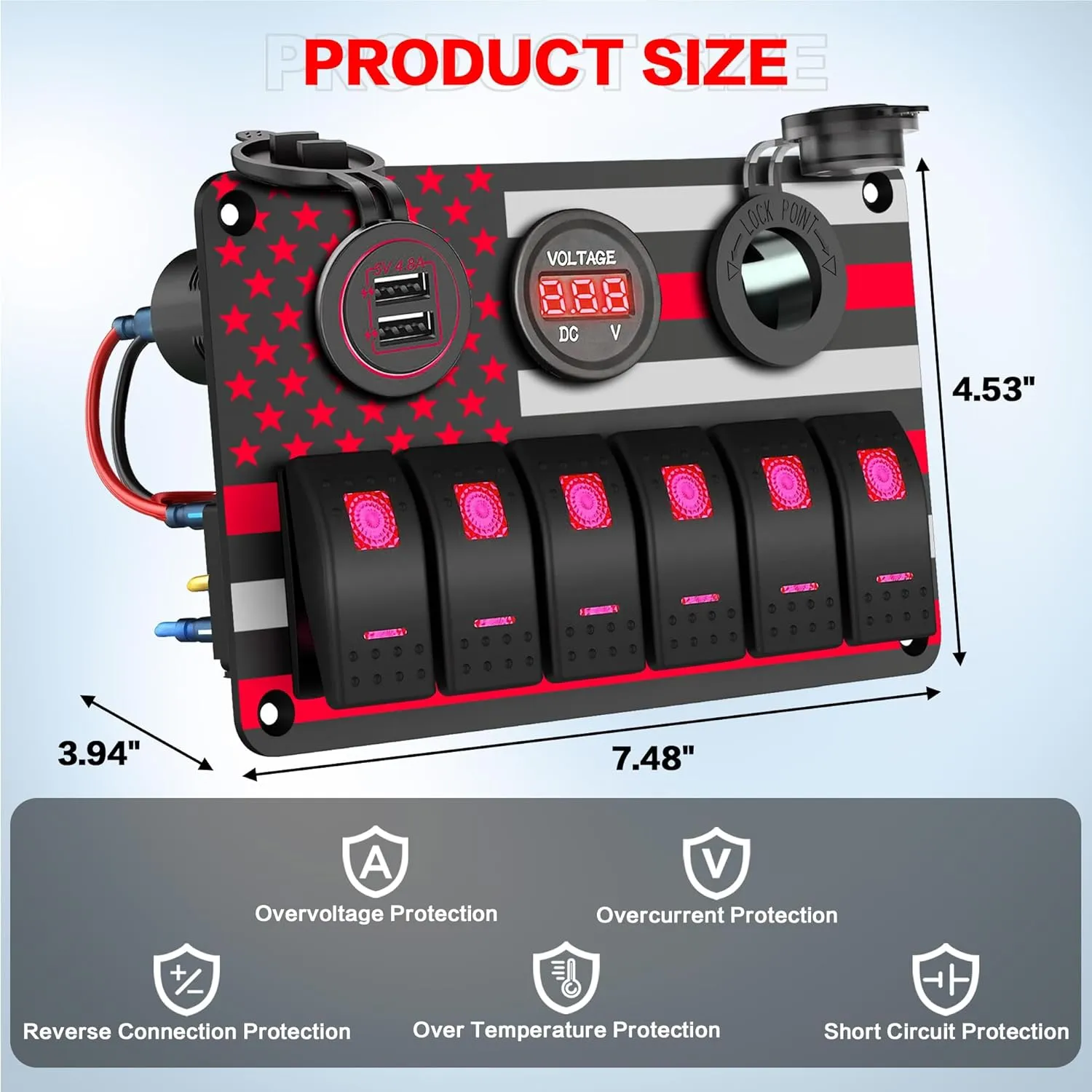 IZTOSS 6 Gang Multi Function Rocker Switch Red Backlit Dual USB Charger   Digital Voltmeter  12V Outlet Pre-Wired Waterproof Switch Panel for RVs Cars Boats Trucks Trailers.