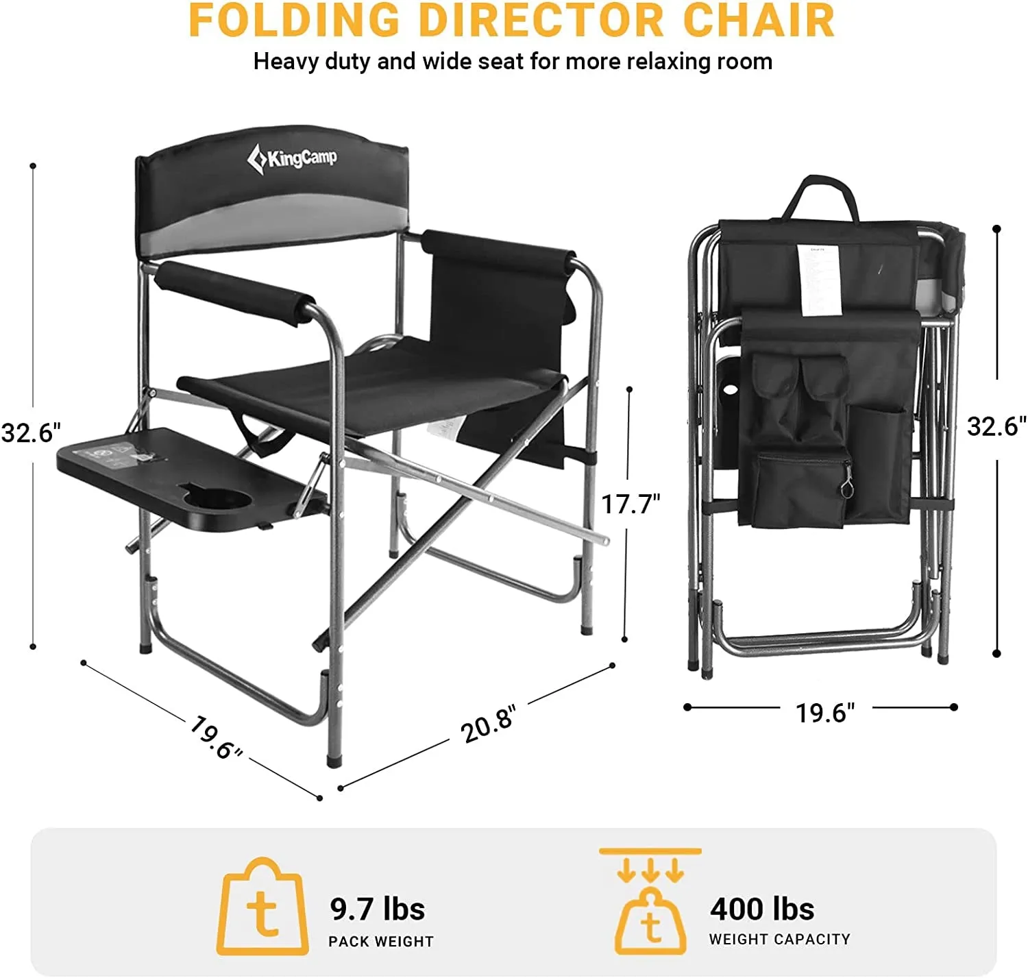 Kingcamp Heavy Duty Camping Directors Chairs Supports 400Lbs for Adults, Padded Folding Portable Camping Chair with Side Table Storage Pockets Carry Straps