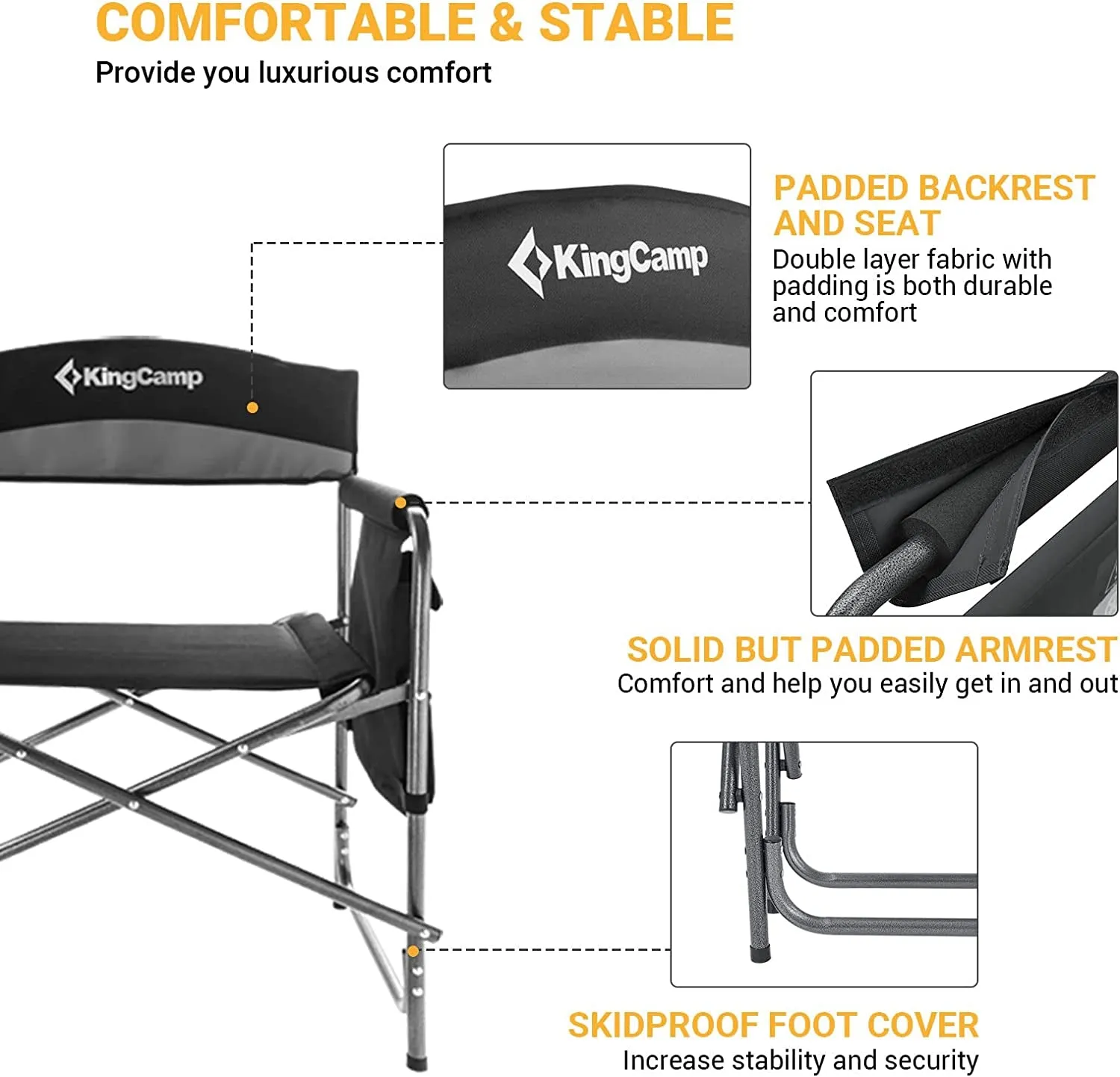 Kingcamp Heavy Duty Camping Directors Chairs Supports 400Lbs for Adults, Padded Folding Portable Camping Chair with Side Table Storage Pockets Carry Straps