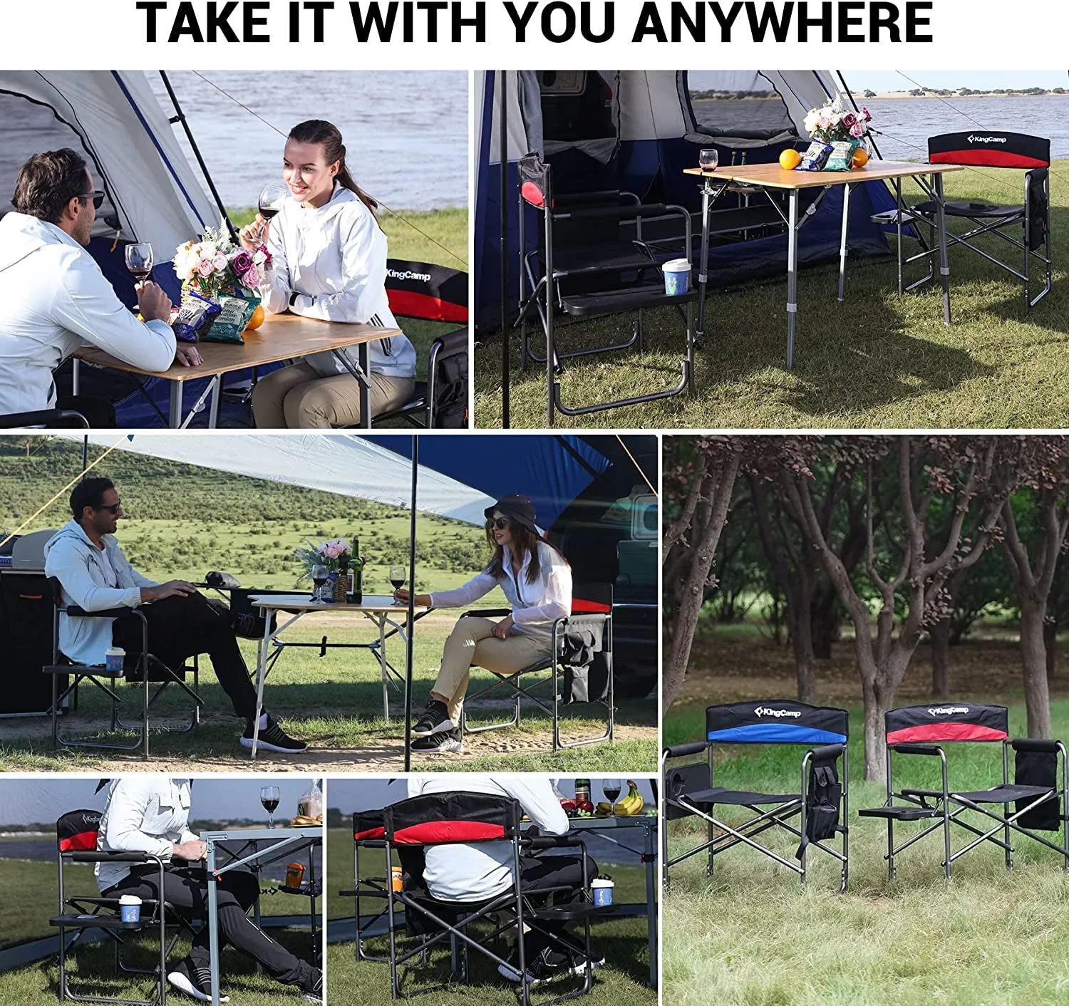 Kingcamp Heavy Duty Camping Directors Chairs Supports 400Lbs for Adults, Padded Folding Portable Camping Chair with Side Table Storage Pockets Carry Straps