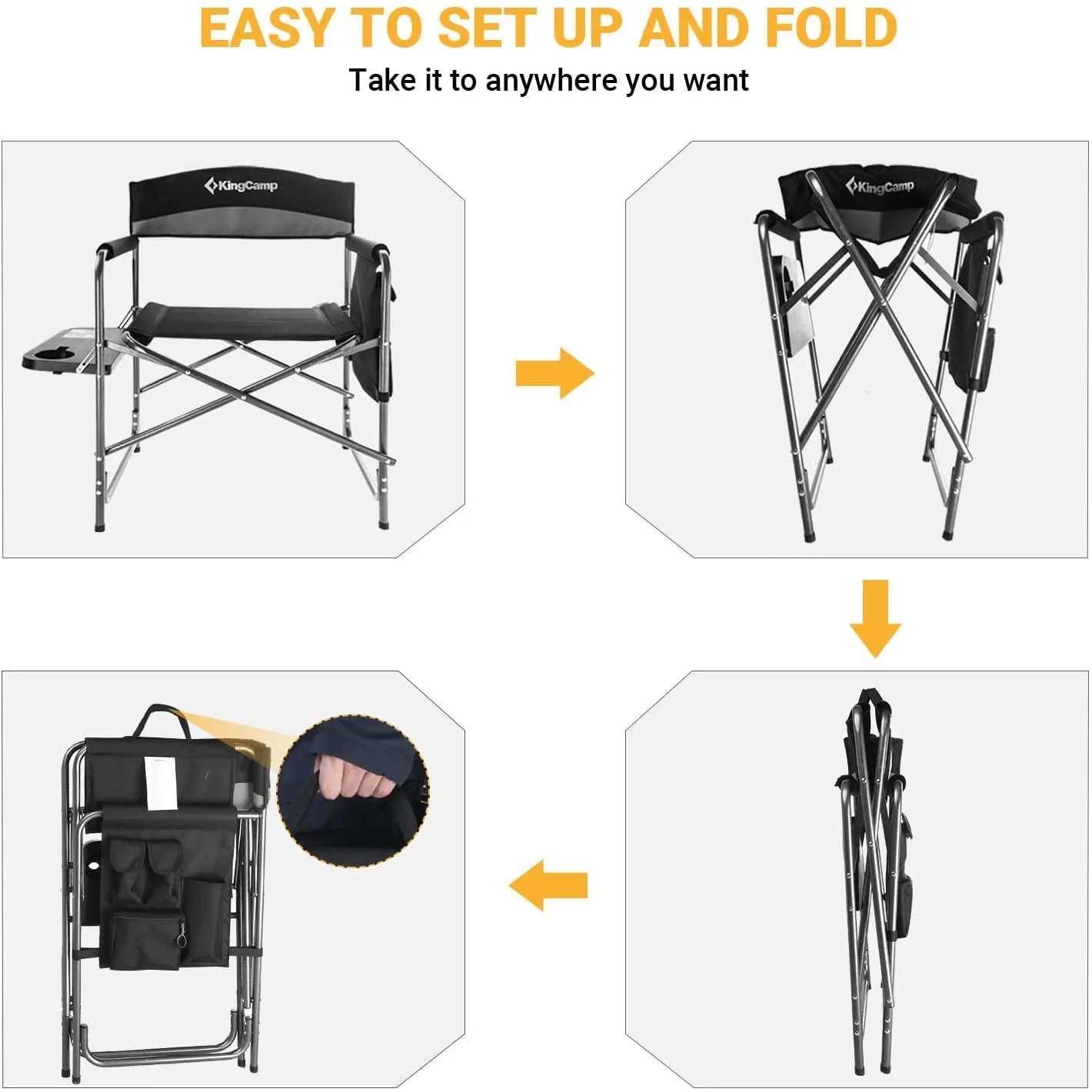 Kingcamp Heavy Duty Camping Directors Chairs Supports 400Lbs for Adults, Padded Folding Portable Camping Chair with Side Table Storage Pockets Carry Straps