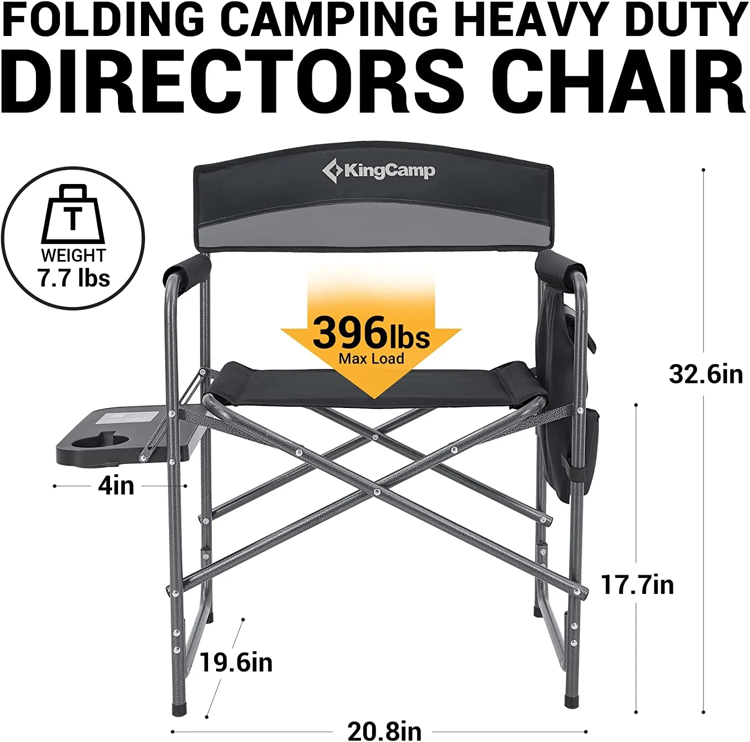 Kingcamp Heavy Duty Camping Directors Chairs Supports 400Lbs for Adults, Padded Folding Portable Camping Chair with Side Table Storage Pockets Carry Straps