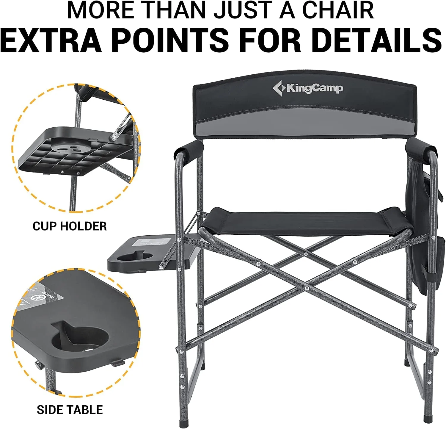 Kingcamp Heavy Duty Camping Directors Chairs Supports 400Lbs for Adults, Padded Folding Portable Camping Chair with Side Table Storage Pockets Carry Straps