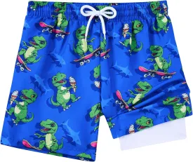 Little Boys Swim Trunks with Boxer Mesh Liner Swim Shorts Kids Quick Dry Bathing Suit Swimwear 4-12T