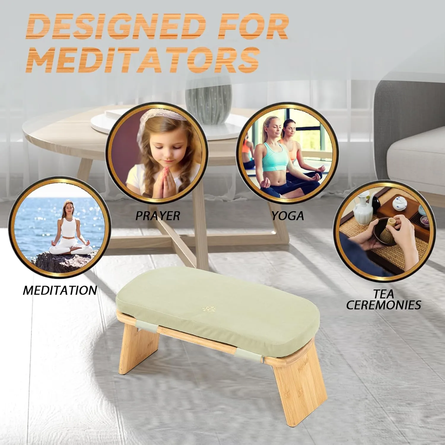 Meditation Bench, Bamboo Meditation Stool, Folding Kneeling Meditation Bench, Seiza Prayer Bench, Prayer Bench with Meditation Cushion, Kneeling Stool (Beige)
