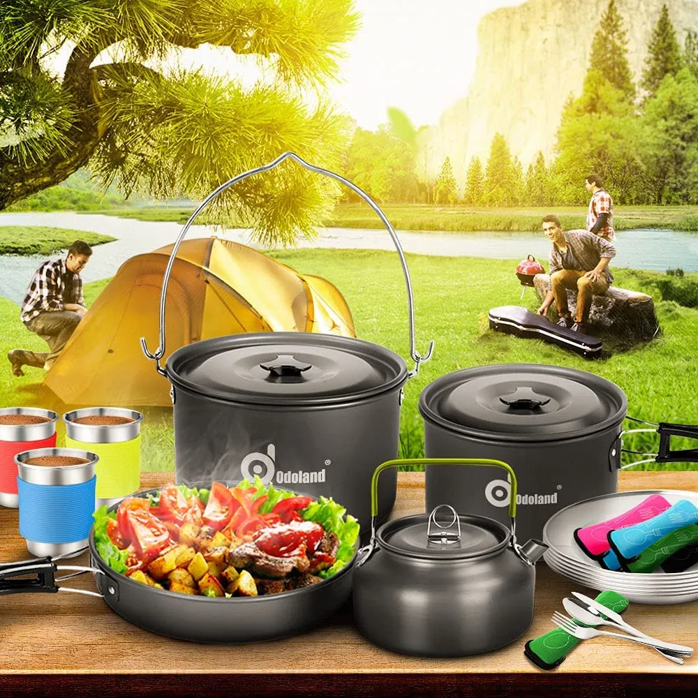 Odoland 39Pcs Camping Cookware Mess Kit, Non-Stick Large Size Hanging Pot Pan Kettle with Base Dinner Cutlery Sets for 6 and More, Cups Dishes Forks Spoons Kit for Outdoor Camping Hiking Picnic