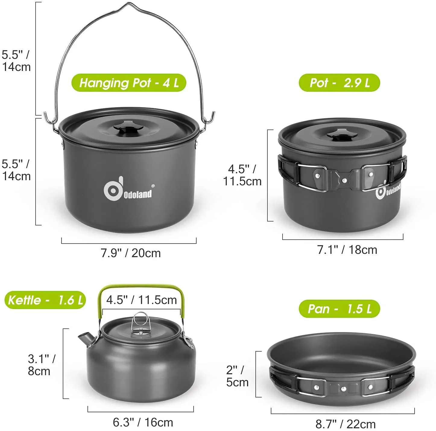 Odoland 39Pcs Camping Cookware Mess Kit, Non-Stick Large Size Hanging Pot Pan Kettle with Base Dinner Cutlery Sets for 6 and More, Cups Dishes Forks Spoons Kit for Outdoor Camping Hiking Picnic