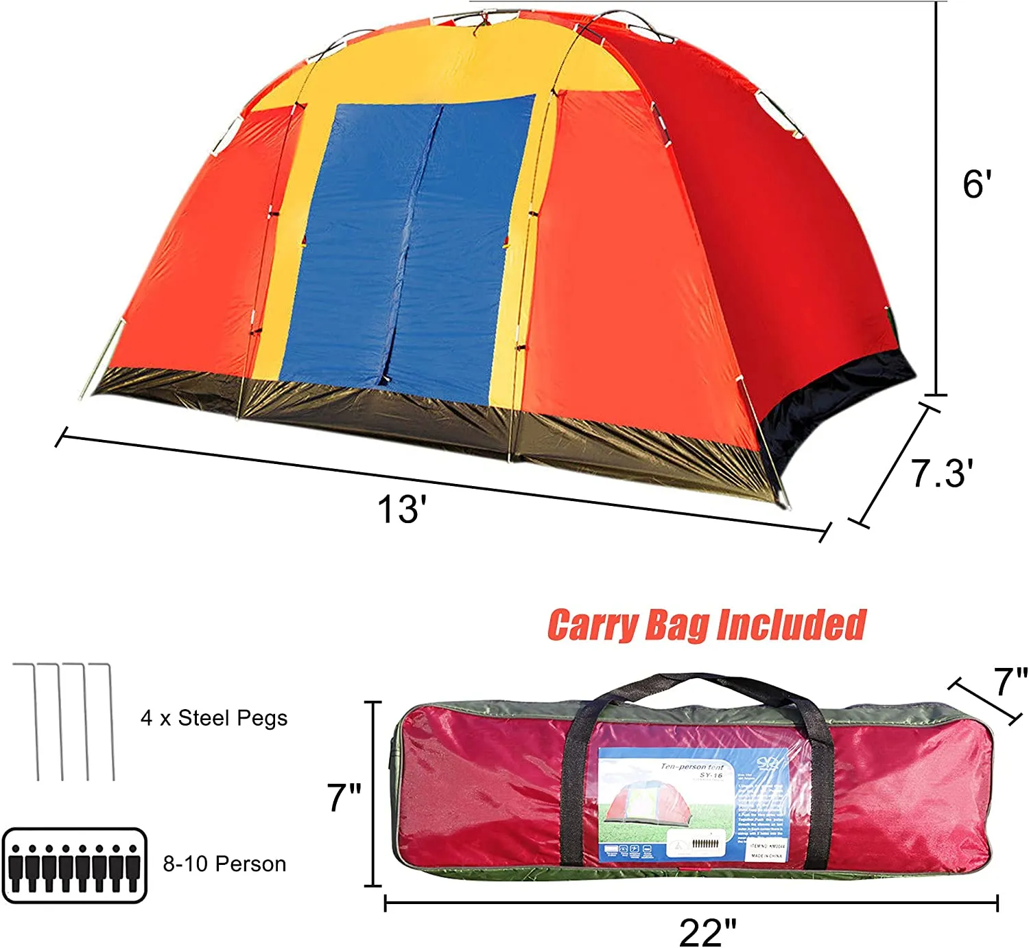 Outdoor Waterproof 8-Person Foldable Camping Tent w/ Carry Bag, Red