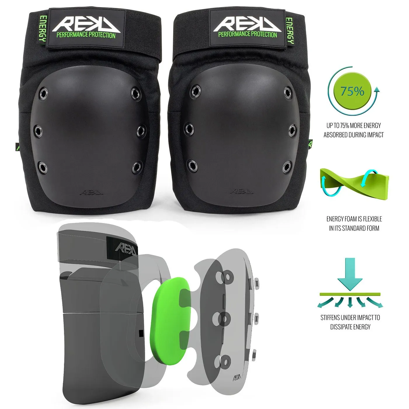REKD Energy Skateboard Skate Scooter BMX Ramp Knee Pads - Black