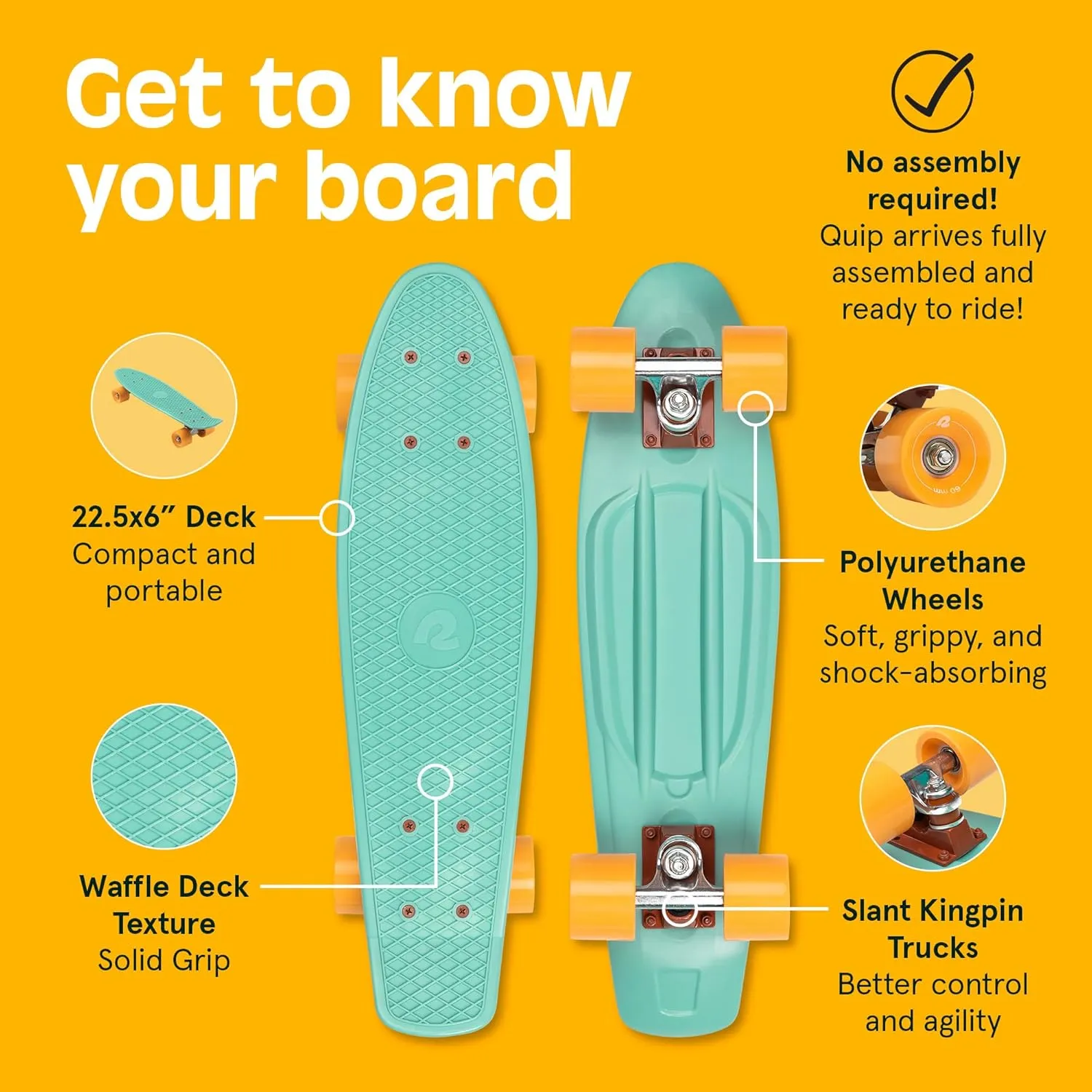 Retrospec Quip Mini Cruiser Skateboard 22.5" Classic Retro Plastic Cruiser Complete Skateboard with ABEC 7 Bearings and PU Wheels Compact Board w/Grippy, Molded Waffle Deck