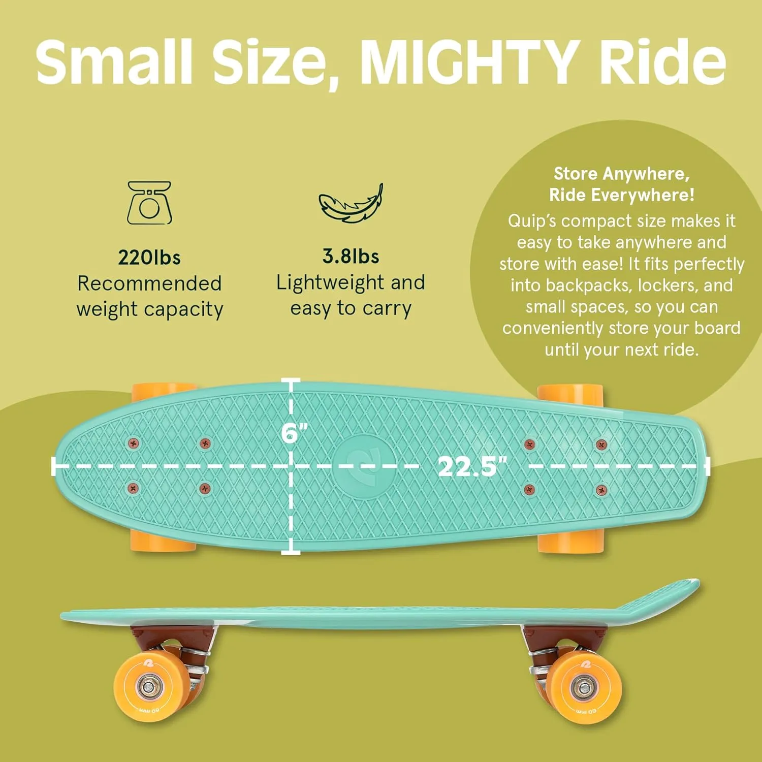 Retrospec Quip Mini Cruiser Skateboard 22.5" Classic Retro Plastic Cruiser Complete Skateboard with ABEC 7 Bearings and PU Wheels Compact Board w/Grippy, Molded Waffle Deck
