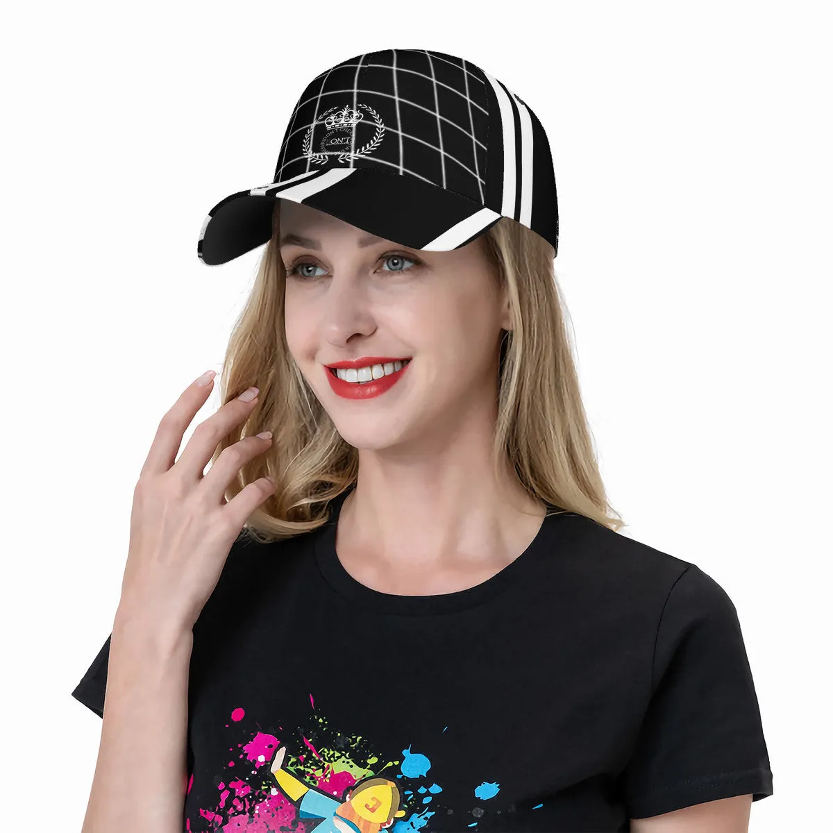Royalty 24 White Logo , Netting ,Stripes & Black Curved Brim Baseball Cap (AOP)