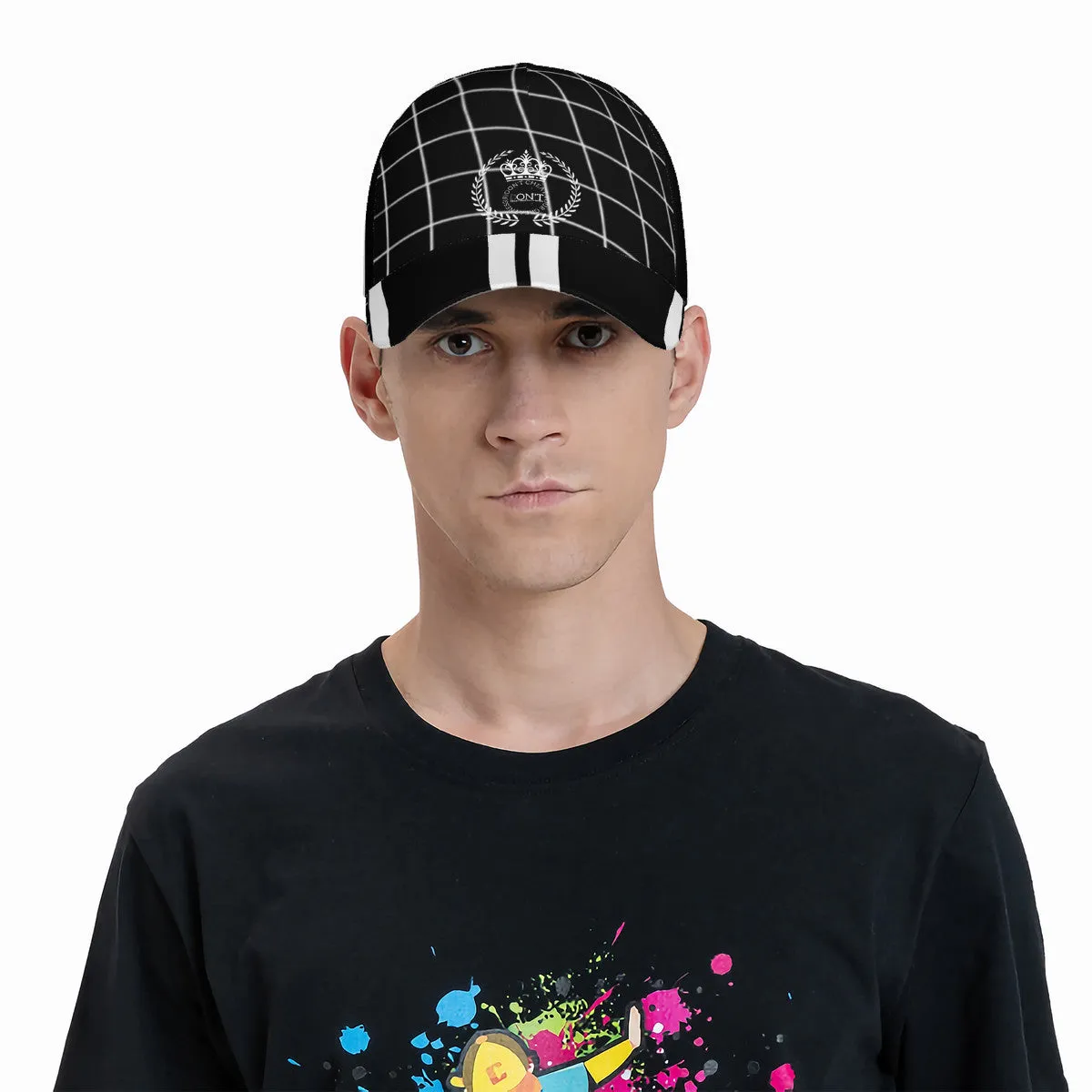 Royalty 24 White Logo , Netting ,Stripes & Black Curved Brim Baseball Cap (AOP)