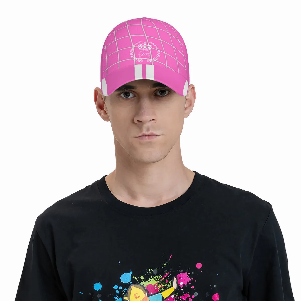 Royalty 24 White Logo, Netting ,Stripes & Pink Curved Brim Baseball Cap (AOP)