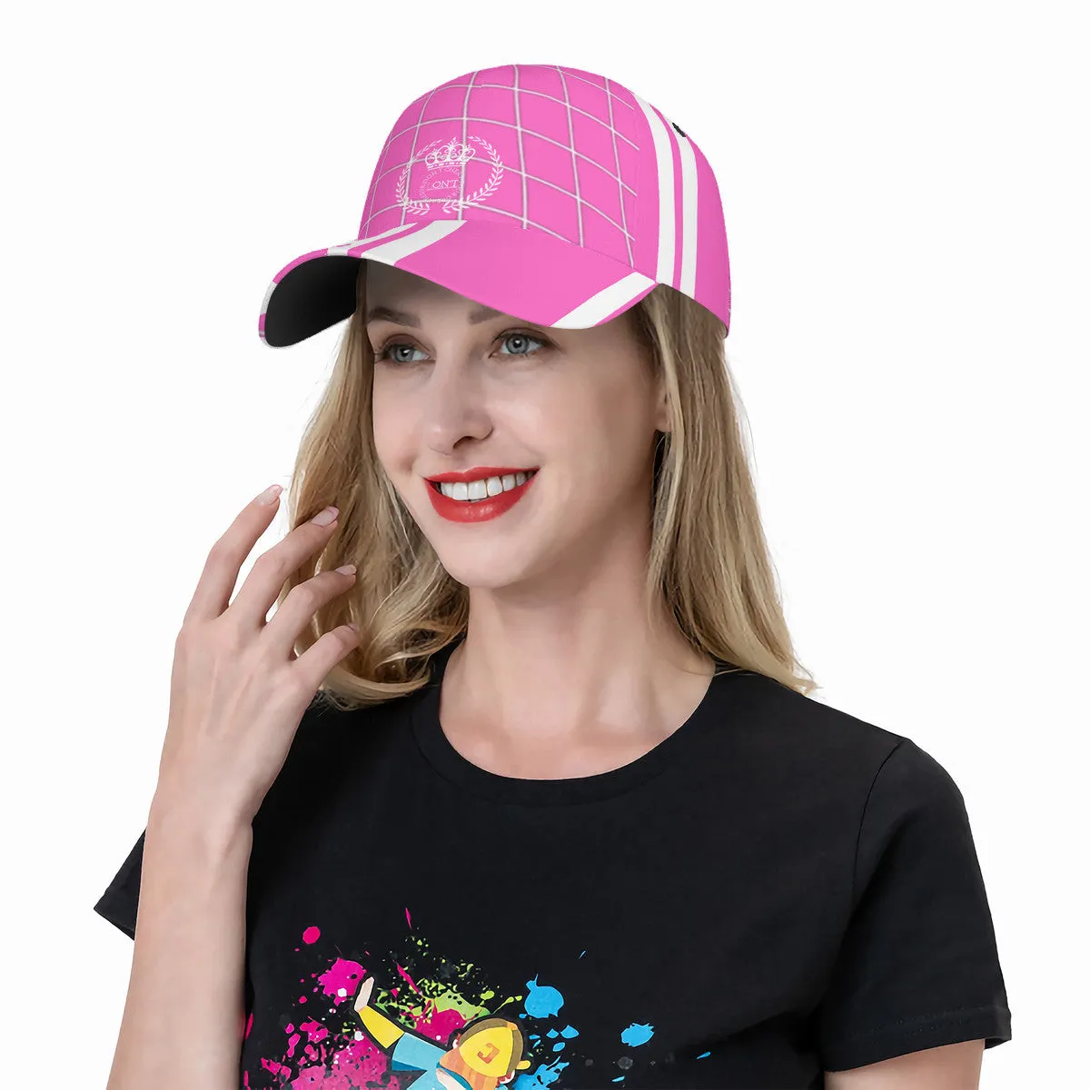Royalty 24 White Logo, Netting ,Stripes & Pink Curved Brim Baseball Cap (AOP)
