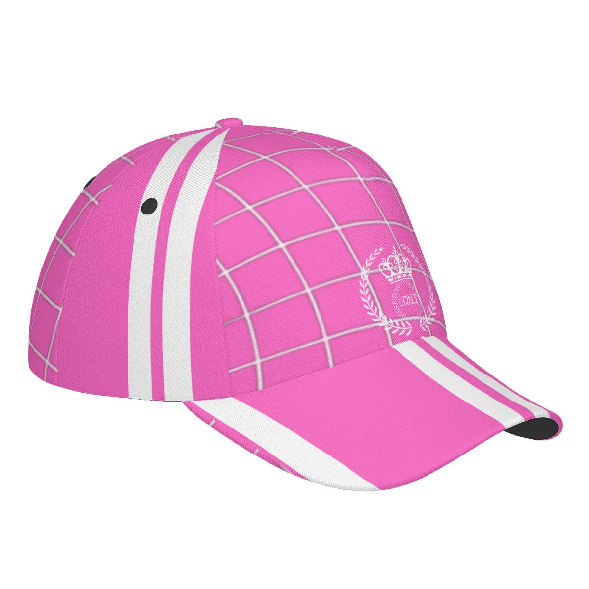 Royalty 24 White Logo, Netting ,Stripes & Pink Curved Brim Baseball Cap (AOP)