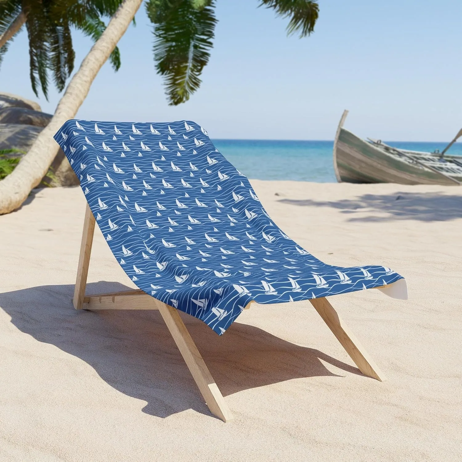 Sailboat Beach Towel with Blue Ocean Waves Design (30"  60")