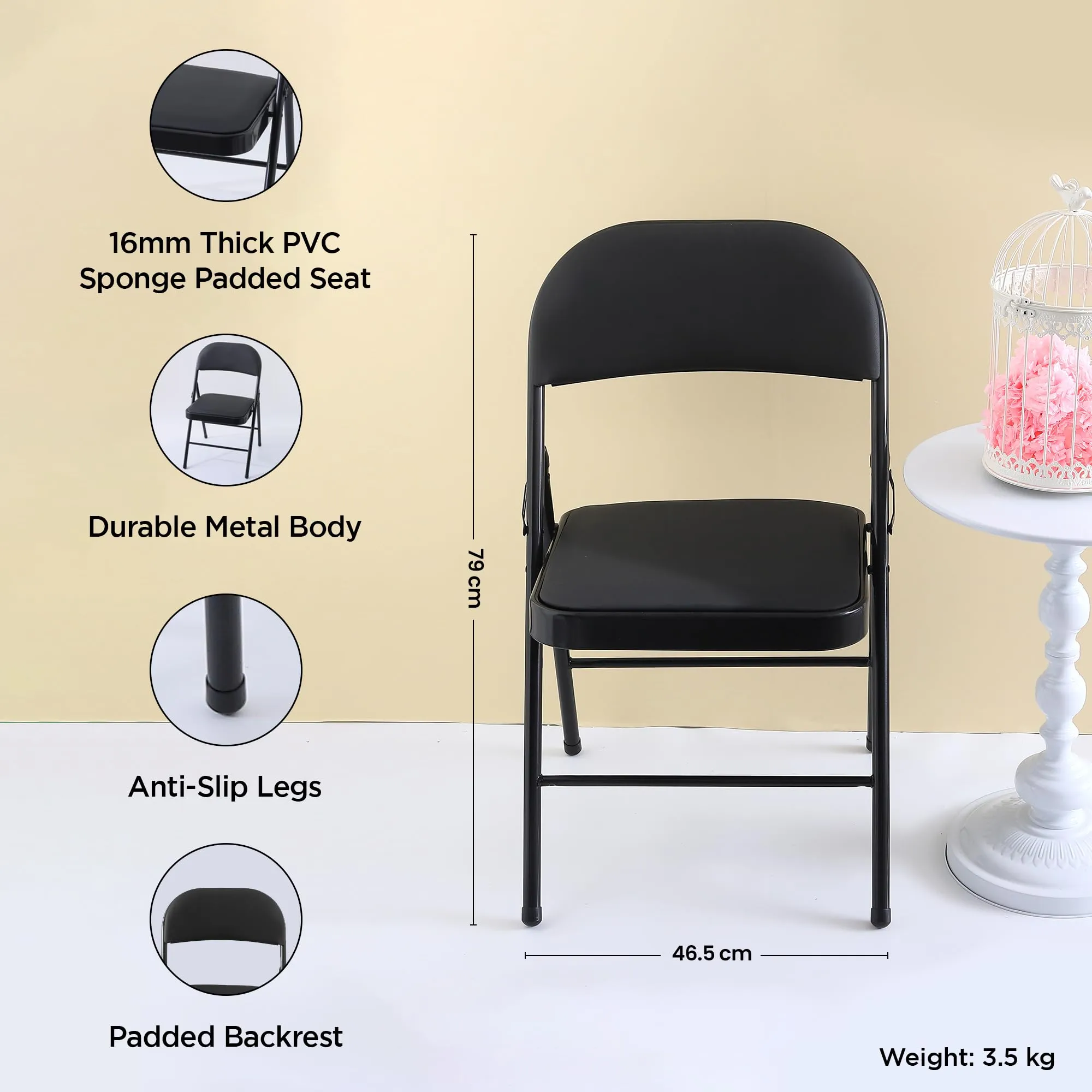 UMAI Folding Chair for Home/Camping Chair/Foldable Chair for Travelling/Portable Chair for Travelling/Beach Chair/Travel Chair/Metal Frame & PVC Sponge Seat/Anti Slip Legs/46?49?79 cm-Black