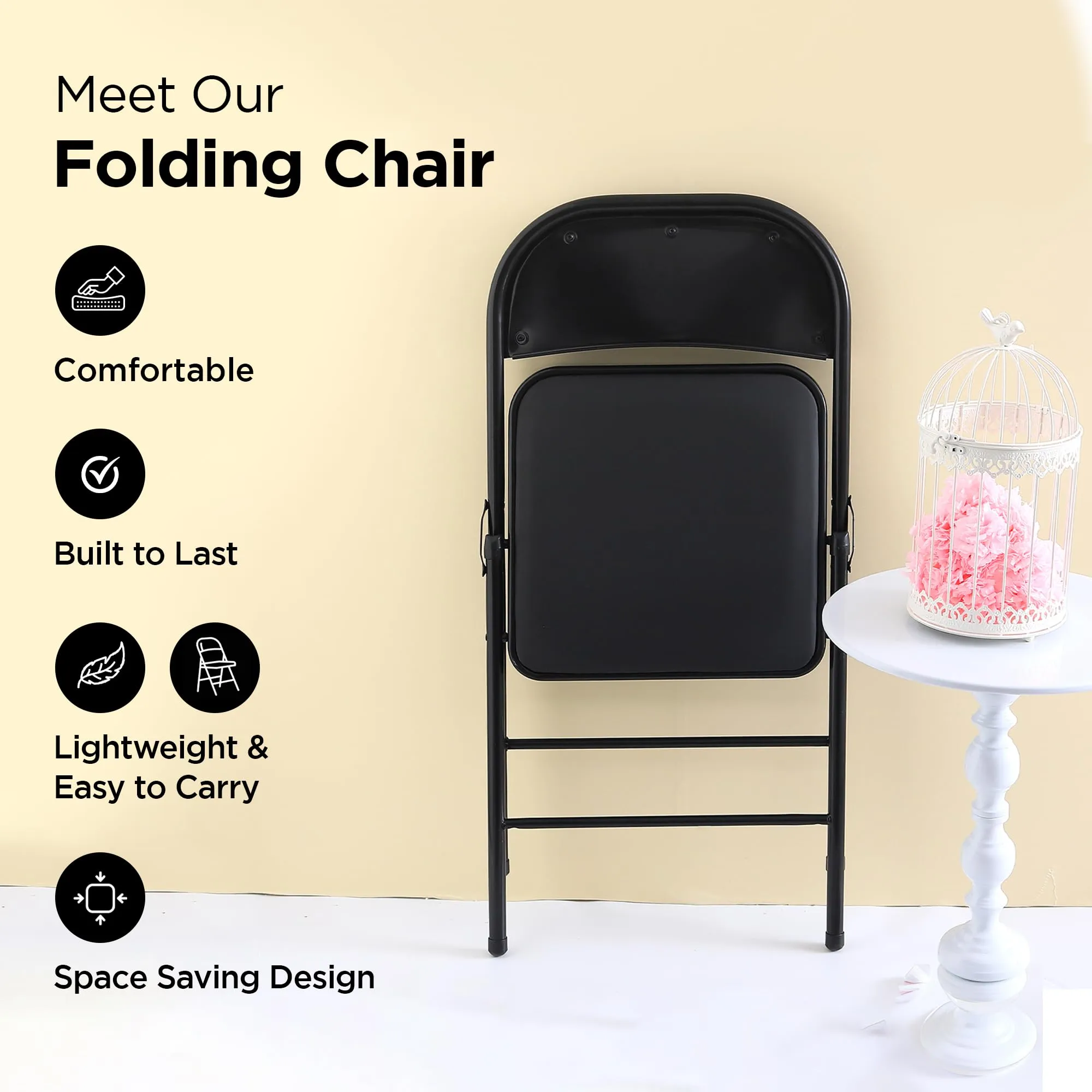 UMAI Folding Chair for Home/Camping Chair/Foldable Chair for Travelling/Portable Chair for Travelling/Beach Chair/Travel Chair/Metal Frame & PVC Sponge Seat/Anti Slip Legs/46?49?79 cm-Black