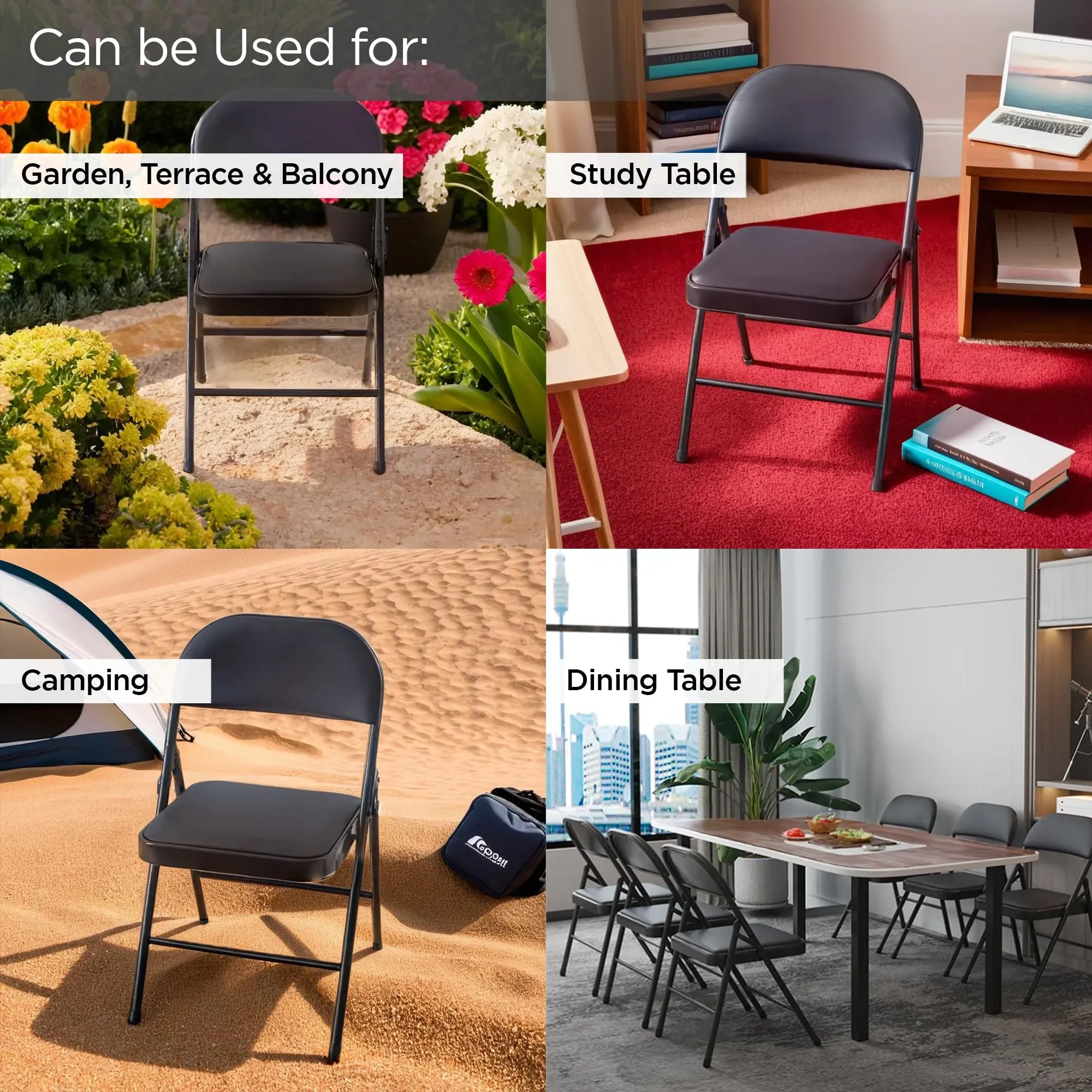 UMAI Folding Chair for Home/Camping Chair/Foldable Chair for Travelling/Portable Chair for Travelling/Beach Chair/Travel Chair/Metal Frame & PVC Sponge Seat/Anti Slip Legs/46?49?79 cm-Black