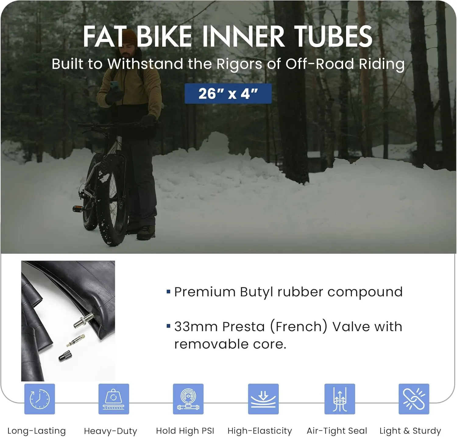 VeloTubes Fat Bike Inner Tubes 26 x 4.0 Threaded 33mm Presta (French) Valve, Fat Bicycle Tubes, Pack of 2 or 4
