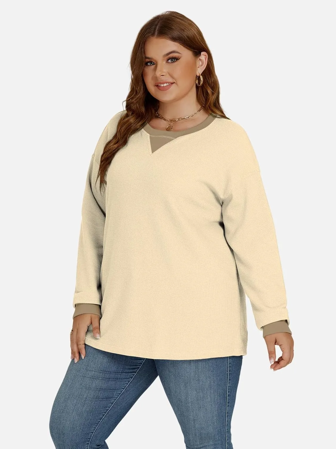 VISLILY Womens-Plus-Size-Sweatshirts Trendy Color Block Casual Long Sleeve Tops Waffle Knit Oversized Shirts Loose Fit Tunics
