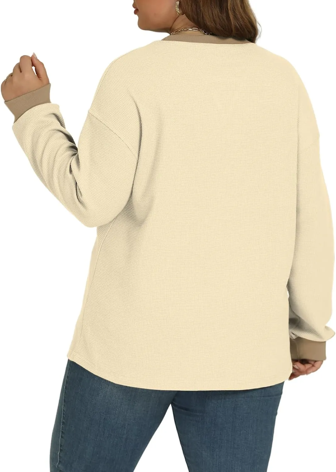 VISLILY Womens-Plus-Size-Sweatshirts Trendy Color Block Casual Long Sleeve Tops Waffle Knit Oversized Shirts Loose Fit Tunics