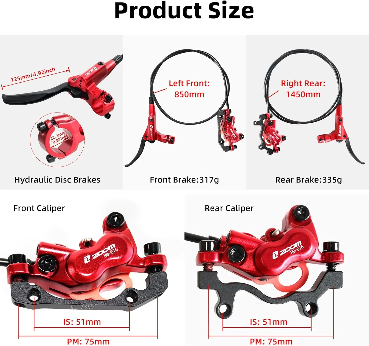 Z00M HB876 4-Pistons Hydraulic Disc Brake Set, MTB Hydraulic Brakes Left Front 850mm Right Rear 1450mm Bicycle Hydraulic Brake Kit for eBike, Mountain Bike, Road Bike, Fat Bike(Pre-Bled)